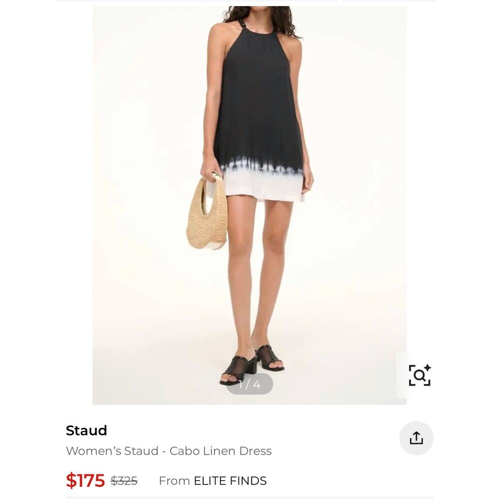 Staud Cabo Linen Halter Colorblock Tiedye Dress Black White Beaded Strap L